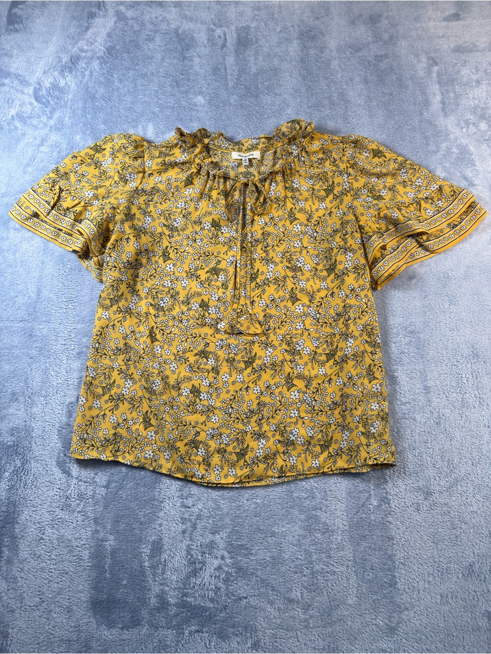 Max Studio Mustard Yellow Floral Ruffle Tie-Neck Blouse